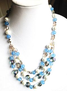 Handmade beaded Blue crystal necklace, pearl and crystal necklace, statement blue pearl necklace, mu Elegant Light Blue Beaded Chain Necklaces, Elegant Light Blue Beaded Chain Necklace, Blue Pearl Jewelry With Polished Beads, Blue Pearl Necklaces With Polished Beads, Blue Pearl Necklace With Polished Beads, Blue Pearl Beaded Necklace With Polished Beads, Multi-strand Pearl Beaded Necklace With Faceted Beads, Blue Pearl Jewelry With Colorful Beads, Elegant Blue Pearl Necklace With Colorful Beads