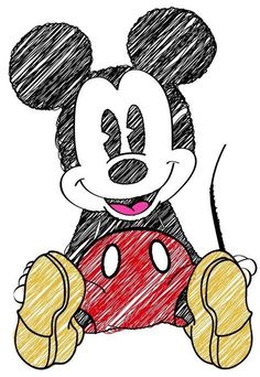 a drawing of mickey mouse sitting on top of a red ball with his hands in the air