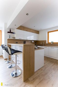 a kitchen with two bar stools next to an island