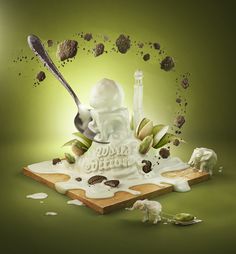 an ice cream advertisement is shown on a green background with spoons and scoops