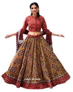 Cotton Lehenga Choli ,  Lehenga Choli  for Women , Long Skirts for Summer , Cotton Skirts for Women , FREE SHIPPING This is a beautiful  100 % cotton  Bagru Printed  designer top  and skirt  with mul mul  dupatta  Bagru print is a form of hand block printing done by natural colours . This particular art of printing employs wooden or metal blocks to print designs and patterns on fabrics by hand . MATERIAL  : 100 % Cotton  MEASUREMENTS : Tops - 34 Inches to  46 Inches   ( You can choose the chest size  from the drop down menu on the right hand side )   Top Length -  16 - 17 Inches  Skirt Length -  40 Inches  Skirt Circle -  5.5 Mtrs (  28 Kali )  Dupatta -  2.5  Mtrs  PLEASE NOTE : 1.  Please note that while we do our best to accurately present all our products, due to differences in lightin Block Print Lehenga For Navratri, Bohemian Sets With Long Skirt For Navratri, Bohemian Long Skirt Sets For Navratri, Traditional Drape Cotton Lehenga, Traditional Multicolor Long Wrap Skirt, Multicolor Fitted Long Wrap Skirt, Traditional Set With Flared Skirt, Traditional Fitted Set With Flared Skirt, Traditional Fitted Multicolor Skirt