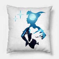 a white pillow with a blue silhouette of a woman