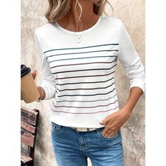 Category:Long Sleeve T-shirt; Season:Spring,Fall; Fabric:Polyester; Sleeve Length:Long Sleeve; Look After Me:Machine wash,Washable,Wet and Dry Cleaning; Gender:Women's; Style:Casual; Elasticity:Micro-elastic; Tops Type:T shirt; Occasion:Daily; Top Length:Regular; Fit Type:Regular Fit; Pattern:Striped; Design:Print; Neckline:Crew Neck; Brand:Shall We; Listing Date:10/16/2024 Long Sleeve Tops Casual, Fall Fabric, Casual Stripes, Fall 2024, Tshirts Online, White Long Sleeve, Spring And Fall, Shirt Online, Women's Style