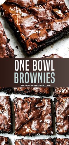 brownies with chocolate frosting on top and the words, one bowl brownies