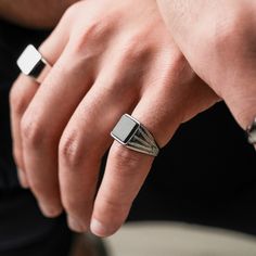 Pictured here is our vintage signet ring in silver & black. Perfect when worn on it's own or with other pieces of jewelry, this ring has become a staple in both men's jewelry and in men's fashion. Follow and check us out for more! Silver Signet Ring, Menswear Inspired, Men's Rings, Men's Jewelry, Black Stone, Chains For Men, Green Stone, Signet Ring, Vintage Rings