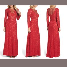 three different views of a woman wearing a red lace dress with long sleeves and an open back