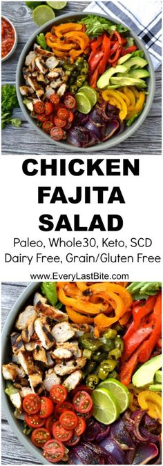 chicken fajita salad in a bowl with peppers, avocado and tomatoes