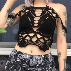 Gothic Tops For Summer Festivals, Alternative Style Summer Festival Tops, Alternative Style Tops For Summer Festivals, Gothic Crop Top For Halloween Festival, Black Bohemian Top For Alternative Fashion, Summer Punk Style Festival Tops, Black Crochet Top For Summer Festival, Alternative Summer Party Crop Top, Alternative Style Summer Crop Top For Party