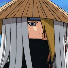 an anime character with blonde hair and blue eyes wearing a black outfit, standing in front of a hut