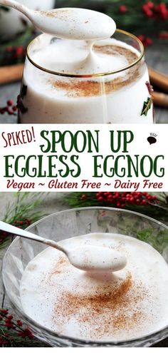 spoon up eggless eggnog in a glass bowl