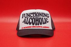 FUNCTIONING ALCOHOLIC IDEA TRUCKER HATS HAND MADE & MADE TO ORDER LOCATED IN LOS ANGELES, CA  HIGH QUALITY GET YOUR'S TODAY! CAP FEATURES: 100% Polyester Front 100% Nylon Mesh Back 5-panel cap Seamless Foam Front Panel with Lining 8 Rows Stitching on Visor Matching Fabric Under visor Adjustable Plastic Snap Fun Adjustable Hats For Streetwear, Adjustable Fun Hat For Streetwear, Fun Adjustable Streetwear Hats, Novelty Snapback Trucker Hat For Streetwear, Fun Adjustable Baseball Cap For Streetwear, Fun Flat Bill Trucker Hat For Streetwear, Adjustable Trucker Hat With Letter Print For Streetwear, Adjustable Letter Print Trucker Hat For Streetwear, Novelty Trucker Hat For Streetwear