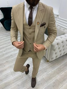 Barrua Cream Slim Fit Peak Lapel Striped Suit – brabion Prom Men, Cream Suit, Vest And Pants, Slim Fit Suit Men, Striped Suit, Pants Gift, Suit For Men, Stylish Suit, Suit Material