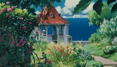 a painting of a house in the middle of flowers and trees with water behind it