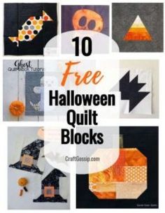 the top ten halloween quilt blocks with text overlay that reads, 10 free halloween quilt blocks