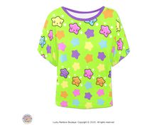 Kawaii Rainbow Star Shirt, Bright Green Stars Batwing Top, Trendy Halloween TShirt for Women with Batwing Sleeves and a contrasting Purple Scoop Neck.  Add a splash of colour to your Halloween in this beautiful Rainbow Star Print Shirt in Bright Yellow from my Galaxy Disco range. A fun all over print of Cute Stars on a colour block background to make your Harajuku outfit really pop! Stylish and comfortable; this Kawaii Anime Shirt is a fun addition to complete your Spooky season outfit and beyon Kawaii Clothes Aesthetic, Harajuku Outfit, Kidcore Clothing, Disco Leggings, Mode Harajuku, Kawaii Rainbow, Fashion Anime, Tshirt For Women, Batwing Top