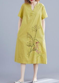 1 2 3 4 5 Casual Embroidered Linen Dress, Yellow Casual Linen Dress For Spring, Casual Yellow Linen Beach Dress, Yellow Casual Linen Dress For Summer, Casual Yellow Linen Summer Dress, Casual Yellow Linen Dress For Summer, Yellow Linen Short Sleeve Dress For Summer, Green Embroidered Linen Dress, Casual Linen Embroidered Dress