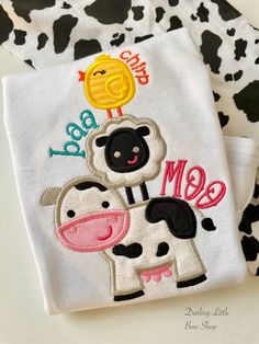 Farm Animals shirt or bodysuit for girls Chirp, Baa, Moo - Darling Little Bow Shop Cow Vinyl Shirt, Appliqué Designs, Bow Shop, Body Suit With Shorts, Farm Barn, Ruffle Pants, Vinyl Shirts, A Cow, Ruffle Shirt