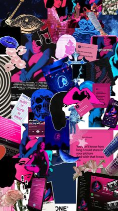 a collage of pink and blue items on black paper, including cell phones, cards, and posters