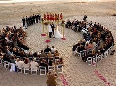 an aerial view of a wedding ceremony on the beach with people standing in front of it