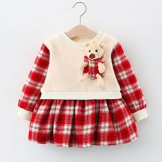 Bear Toy Plaid Dress for Toddler Girl - PrettyKid Long Sleeve Red Winter Dress, Winter Long Sleeve Patchwork Dresses, Long Sleeve Patchwork Dresses For Winter, Winter Patchwork Long Sleeve Dresses, Long Sleeve Patchwork Winter Dress, Red Long Sleeve Cotton Dress, Plaid Cotton Dress For Winter, Red Cotton Dress For Fall, Cotton Holiday Dress For Fall