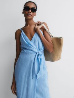 Linen Side Tie Midi Dress in Blue Dresses Coats, Trousers Jeans, Linen Midi Dress, Beautiful Dresses For Women, Tie Design, Jeans Leggings, Blue Midi Dress, Ladies Dress Design, Style Ideas