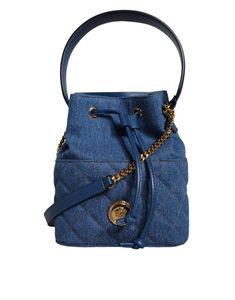 This Versace La Medusa Quilted Denim Bucket Bag features a brand logo, solid color, and a crossbody strap. The model is a crossbody bag made of VL100%, CO60% VI40% material. It comes in a blue color with black inner lining and an inside pocket. The bag has one handle and a detachable, adjustable shoulder strap, as well as logo engraved metal hardware.    Model: Crossbody bag   Color: Blue   Black inner lining with inside pocket   Handle: One handle, detachable and adjustable shoulder strap   Log Denim Bucket Bag, Versace Bag, Quilted Denim, Versace Blue, Engraved Metal, Versace Bags, Metal Engraving, Brand Store, Quilted Leather