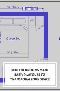 an image of a bedroom with measurements for the bed