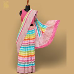 Cranberry Pink Pure Georgette Handloom Stripes Banarasi Saree - Khinkhwab Multicolor Blouse, Pure Georgette Sarees, Multi Color Blouse, Rough Texture, Woven Tapestry, Plain Blouse, Georgette Saree, Banarasi Saree, Georgette Sarees