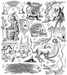 an old fashioned drawing of various animals and things in black ink on white paper with stars