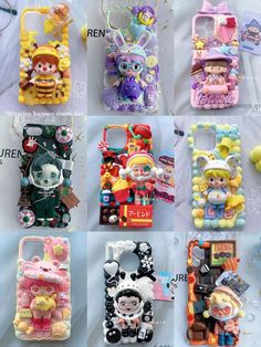 many different cell phones are on display for sale in the store, and one is decorated with cartoon characters