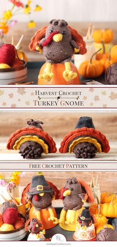 three pictures of stuffed turkeys and pumpkins in knitted hats, with text overlay that says harvest crochet turkey gnome