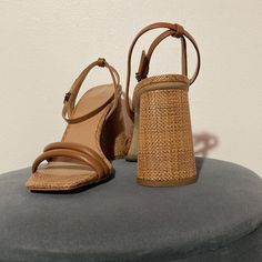 Beautiful Brown Block Heel With Woven Fabric Sandals Sam Edelman New York Brown Heels With Removable Insole For Summer, Sandals With Branded Heel Counter For Summer Vacation, Brown Summer Sandals With Block Heel, Summer Brown Heels With Stacked Heel, Open Toe Heels With Heel Loop For Vacation, Natural Round Toe Heels With Stacked Heel, Elegant Closed Toe Sandals In Natural Color, Summer Heels With Heel Strap And Open Heel, Summer Formal Sandals With Stacked Heel