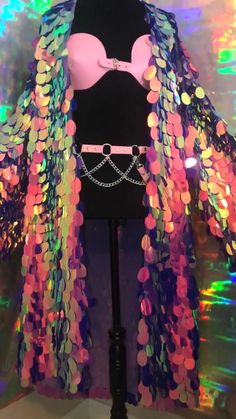 Want to feel like a celestial KWEEN?? Yaaaaas? Than you need this sparkly kimono honey. Perfect for pool parties, nights out, or music festival! Made to order with love. Lining optional. Please list fabric color in comment box at checkout. Top and belt available on website! Please advise, paillete sequins are at high risk of fallout. Must be worn with care. Sequins may fall out if tugged on or worn roughly. Please allow 1-2 weeks to process. Metallic Disco Outerwear For Party, Disco Sequin Party Outerwear, Disco Party Outerwear With Sequins, Sequin Disco Outerwear For Party, Disco Sequined Outerwear For Party, Iridescent Outerwear For Fall Party, Sequin Outerwear For Party And Festival, Sequin Outerwear For Party Season And Festivals, Winter Festival Disco Outerwear