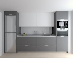 a modern kitchen with grey and white cabinets