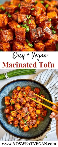 an easy and vegan marinated tofu recipe with chopsticks