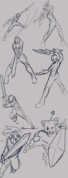 some sketches of people doing different things in the same place, and one person is holding something