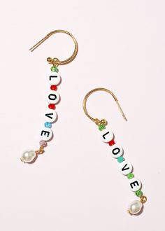 Long dangle earring "LOVE" beaded Bead Dangle Earrings, Long Dangle Earrings, Beaded Dangle Earrings, Simple Earrings, Beaded Dangles, Dangle Earrings, Beads