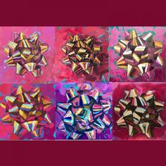 four different images of colorful bows on pink and purple background, with red squares in the middle