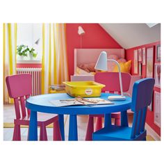 a blue table with two chairs and a yellow bowl on it in a pink room