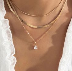 Fashion Gold Plated Waterdrop Three Layer Necklace Snake Chain Women Jewelry Hot Snake Chain Layering, Gold Drop Necklace With Chain, Gold Necklace Stacks, Necklace Stack Ideas, Layered Necklaces Gold, Three Layer Necklace, Stacking Necklaces, Jewellery Stack, Layered Gold Jewelry