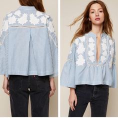 New Without Tags. Never Worn. Floral Embroidery Throughout And A Subtle Crochet Accents At The V-Neckline. Flare Sleeves, Boxy Cropped Shape. Flare Sleeves, Striped Blouse, Blouse Top, Flared Sleeves, Floral Embroidery, Free People Tops, Free People, Top Blouse, Womens Tops