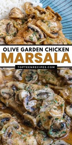 a close up of a plate of food with mushrooms and rice on the side text reads olive garden chicken marsala