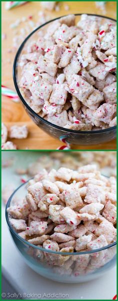 two pictures show the process of making candy caned dog treats in a glass bowl