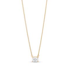 Lovely alone or layered, this oval lab-created diamond solitaire necklace in 14K gold gives you the style options you desire. Crafted in 14K gold A sideways 1/3 ct. certified oval-shaped lab-created diamond solitaire suspends centered along a cable chain. F color/SI2 clarity lab-created diamond Includes certification card This 18.0-inch necklace adjusts to 16.0 and 17.0 inches and secures with a lobster claw clasp. Classic Gold Oval Diamond Necklace, Classic 14k Gold Oval Solitaire Necklace, Timeless 14k Gold Oval Diamond Necklace, Dainty Oval Diamond Necklace In Yellow Gold, Dainty Oval Yellow Gold Diamond Necklace, Elegant Gold Oval Solitaire Necklace, Elegant Oval Gold Solitaire Necklace, Oval Solitaire Necklace In 14k Gold, Fine Jewelry, Oval Solitaire Necklace In 14k Gold