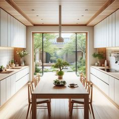 a kitchen with wooden floors and white cabinets is seen from the dining room to the outside