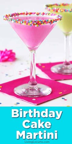 birthday cake martini with sprinkles on the rim and pink drink in glasses