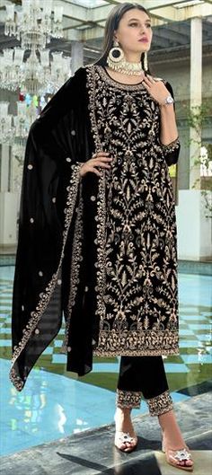 Black and Grey color Salwar Kameez in Faux Georgette fabric with Embroidered work Semi-stitched Black Churidar With Self Design, Black Sharara With Intricate Embroidery For Reception, Black Sharara With Resham Embroidery For Reception, Traditional Black Wear With Zari Work For Reception, Black Sharara With Dabka Work For Reception, Formal Black Sharara With Intricate Embroidery, Black Resham Embroidery Dupatta For Reception, Elegant Black Sharara With Self Design, Black Sets With Resham Embroidery For Reception