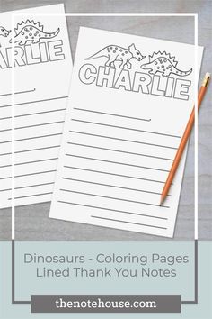 two dinosaur coloring pages with the title, dinosaurs - coloring pages lined thank you notes