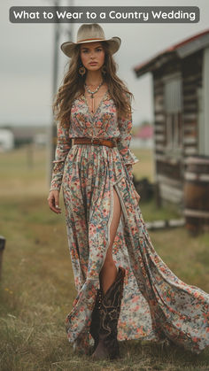 female guest at a country wedding Jean Wedding Outfit Women, Western Glam Outfit Wedding, Western Boho Dress Outfit, Western Themed Wedding Guest Outfit, Boho Western Outfits Spring, Country Formal Dress, Western Floral Dress, Boho Chic Wedding Guest Outfit, Cowboy Boots With Dress Outfit