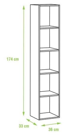 an image of a tall bookcase with measurements for the width and height, including three shelves